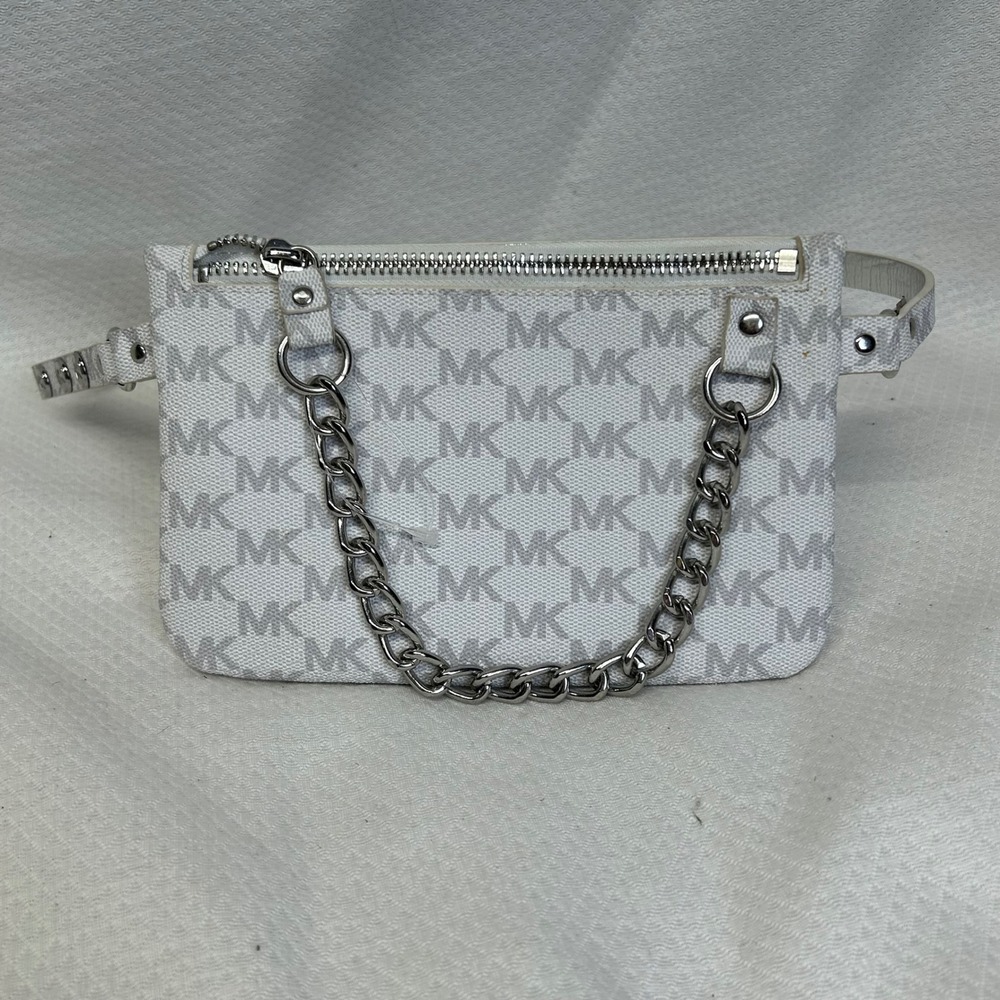 Michael Kors White Monogram Belt Bag Silver Chain Waist Pouch Small 554131 S